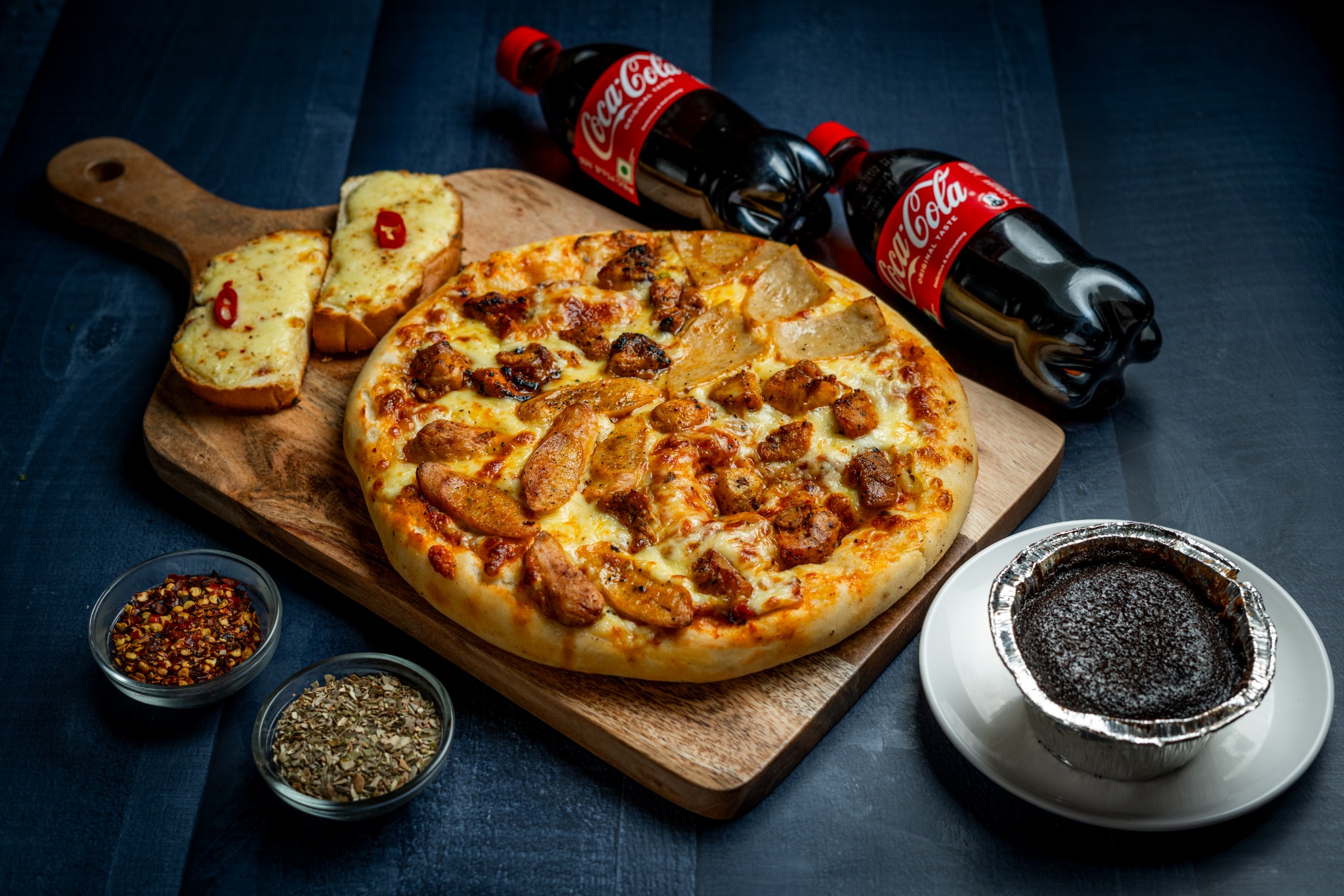 Wood-fired pizza combo with fries and salad